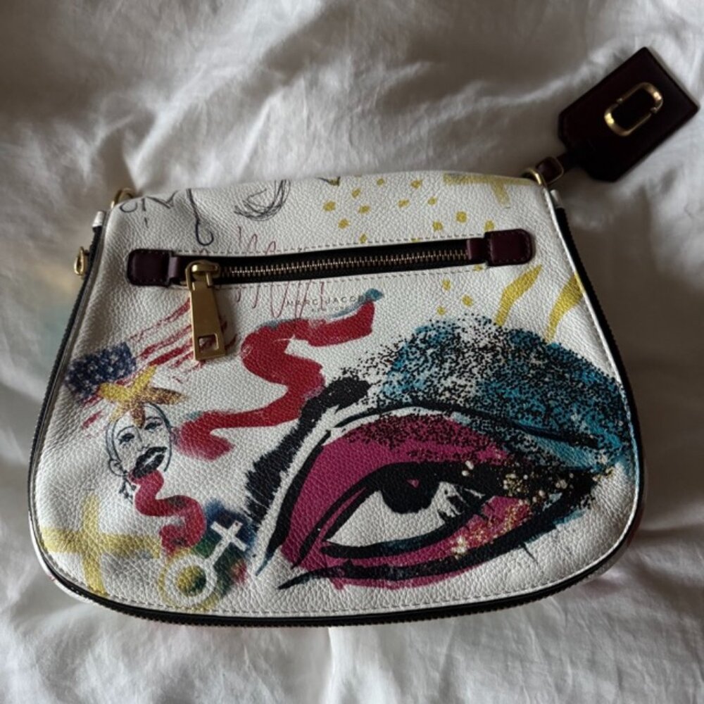 Auth Marc Jacobs white Artist Graffiti Calfskin Flap Messenger Crossbody Bag